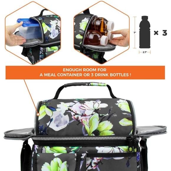 Lunch Bag Women Insulated, Adult Lunch Box Cooler, Flower Lunch Box, Dual - Picture 5 of 7